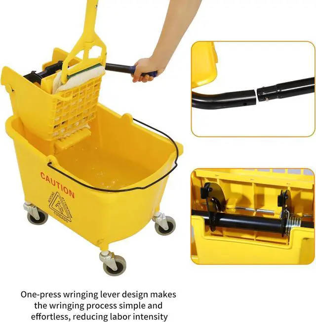 Alt view image 4 of 7 - Commercial Mop Bucket with Side-Press Wringer for Floor Cleaning, 35 Quarts, Yellow, Including One Commercial Mop