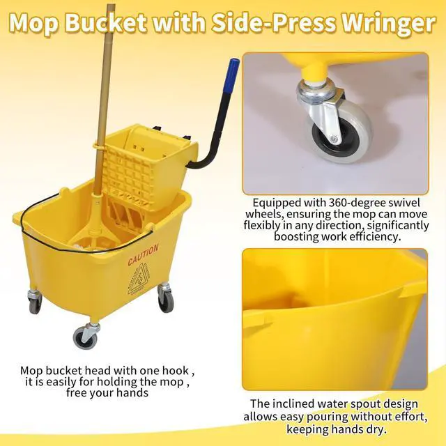 Alt view image 5 of 7 - Commercial Mop Bucket with Side-Press Wringer for Floor Cleaning, 35 Quarts, Yellow, Including One Commercial Mop