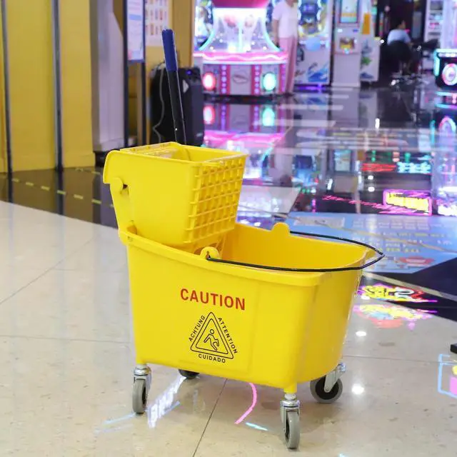 Alt view image 6 of 7 - Commercial Mop Bucket with Side-Press Wringer for Floor Cleaning, 35 Quarts, Yellow, Including One Commercial Mop
