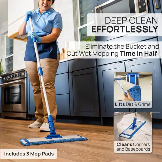 Alt view image 3 of 7 - 18 Pro Microfiber Hardwood Floor Mop - Cleans Floor in Seconds | Dust & Wet Mopping | Hardwood, Tile, Laminate & Vinyl with 3 Washable Pads, No Buckets Needed with Deluxe Household Mop