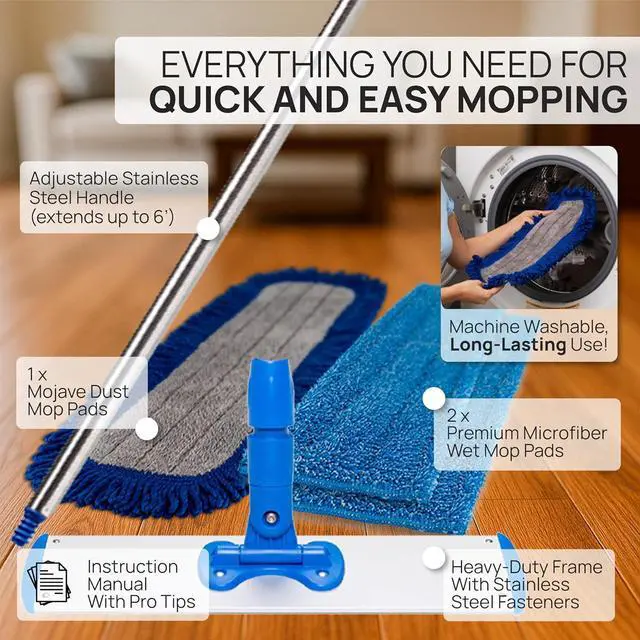 Alt view image 7 of 7 - 18 Pro Microfiber Hardwood Floor Mop - Cleans Floor in Seconds | Dust & Wet Mopping | Hardwood, Tile, Laminate & Vinyl with 3 Washable Pads, No Buckets Needed with Deluxe Household Mop