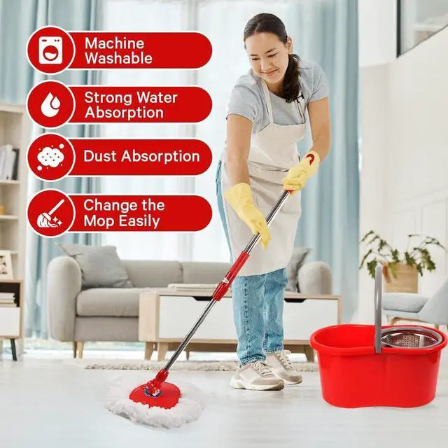 Alt view image 5 of 7 - Spin Mop and Bucket with Wringer Set, 360° Spinning Mop and Bucket System with Double Cotton Tip Replacement Heads and Stainless Steel Adjustable Handle for Floor Cleaning (20QT)