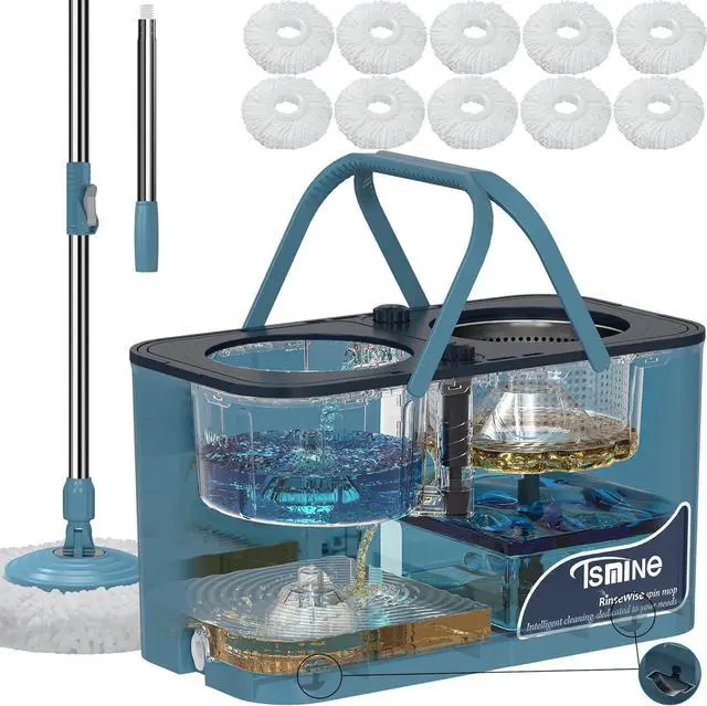 Main image of Mops and Buckets for Floor Cleaning, 360 Spin Mop and Bucket with Separates Dirty and Clean Water,4-Chamber Mop Bucket with Wringer Set for Home with 10 Replacement Mop Heads,4X Wheel