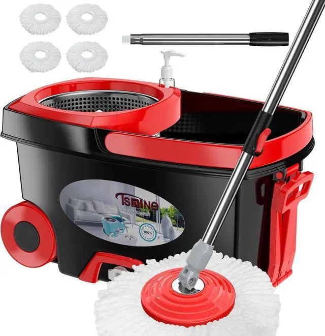 Main image of FunClean Spin Mop and Bucket,Mop and Bucket with Wringer Set for Home,360 Spinning Mopping Floor Cleaning Tool with 4 Microfiber Replacement Head Refills,61" Extended Handle, 2X Wheel - Black