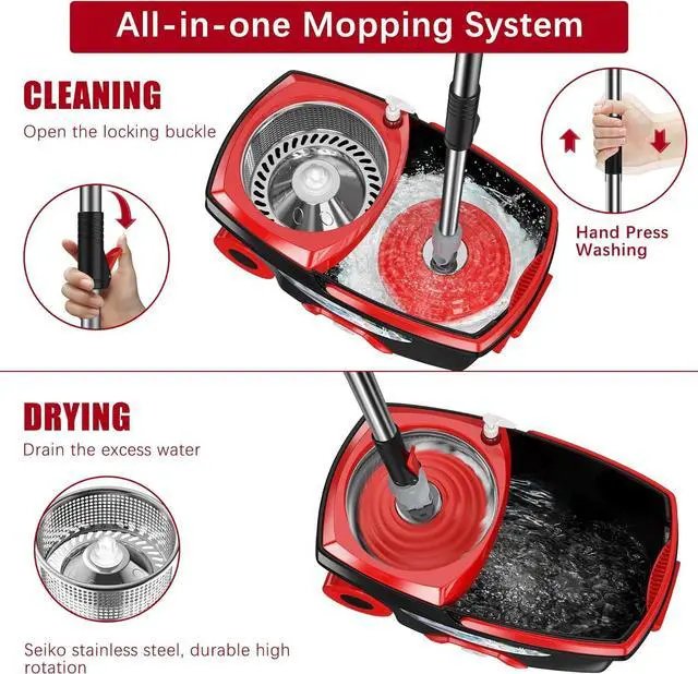 Alt view image 2 of 7 - FunClean Spin Mop and Bucket,Mop and Bucket with Wringer Set for Home,360 Spinning Mopping Floor Cleaning Tool with 4 Microfiber Replacement Head Refills,61" Extended Handle, 2X Wheel - Black