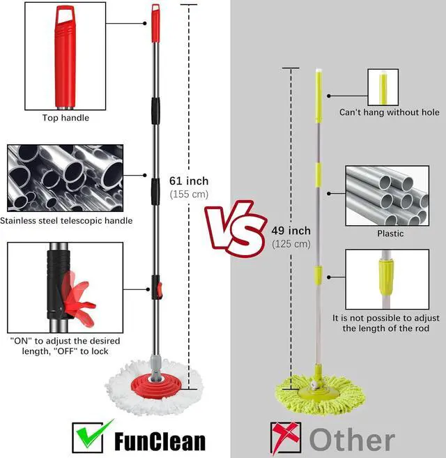 Alt view image 4 of 7 - FunClean Spin Mop and Bucket,Mop and Bucket with Wringer Set for Home,360 Spinning Mopping Floor Cleaning Tool with 4 Microfiber Replacement Head Refills,61" Extended Handle, 2X Wheel - Black