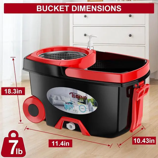 Alt view image 5 of 7 - FunClean Spin Mop and Bucket,Mop and Bucket with Wringer Set for Home,360 Spinning Mopping Floor Cleaning Tool with 4 Microfiber Replacement Head Refills,61" Extended Handle, 2X Wheel - Black