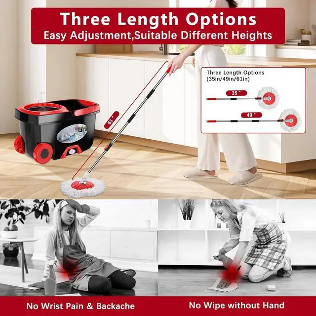 Alt view image 6 of 7 - FunClean Spin Mop and Bucket,Mop and Bucket with Wringer Set for Home,360 Spinning Mopping Floor Cleaning Tool with 4 Microfiber Replacement Head Refills,61" Extended Handle, 2X Wheel - Black