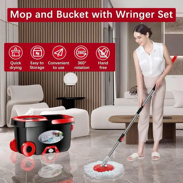 Alt view image 7 of 7 - FunClean Spin Mop and Bucket,Mop and Bucket with Wringer Set for Home,360 Spinning Mopping Floor Cleaning Tool with 4 Microfiber Replacement Head Refills,61" Extended Handle, 2X Wheel - Black
