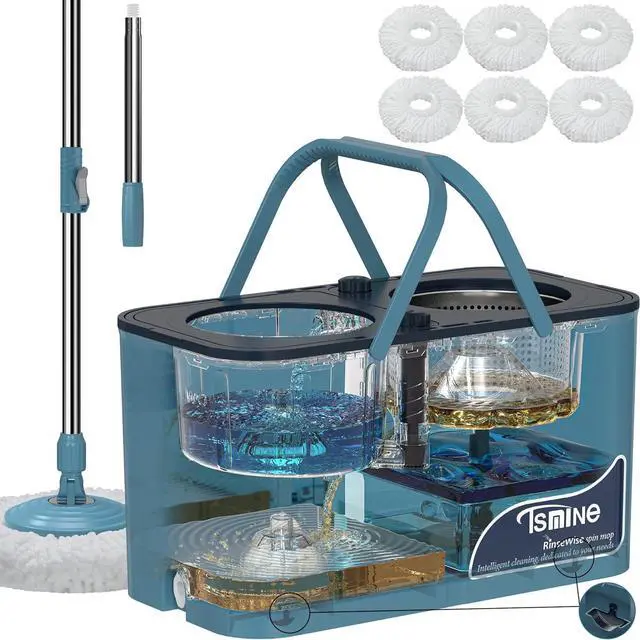Main image of Spin Mop and Bucket,Mop Bucket with Separates Dirty and Clean Water,4-Chamber Mop and Bucket with Wringer Set for Home, Best Household Cleaning Tools with 6 Replacement Mop Heads,4X Wheel