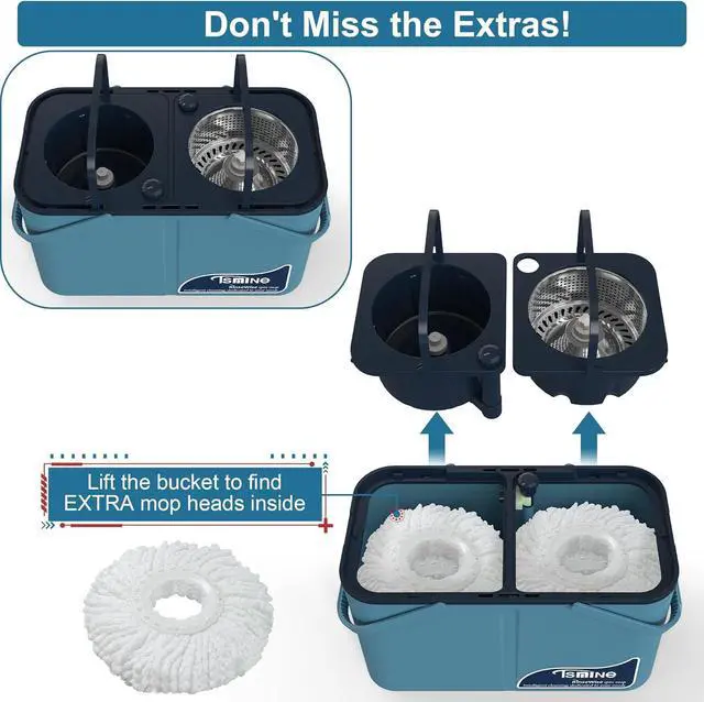 Alt view image 2 of 7 - Mops and Buckets for Floor Cleaning, 360 Spin Mop and Bucket with Separates Dirty and Clean Water,4-Chamber Mop Bucket with Wringer Set for Home with 10 Replacement Mop Heads,4X Wheel