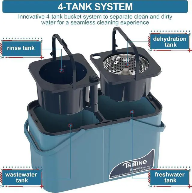 Alt view image 3 of 7 - Mops and Buckets for Floor Cleaning, 360 Spin Mop and Bucket with Separates Dirty and Clean Water,4-Chamber Mop Bucket with Wringer Set for Home with 10 Replacement Mop Heads,4X Wheel