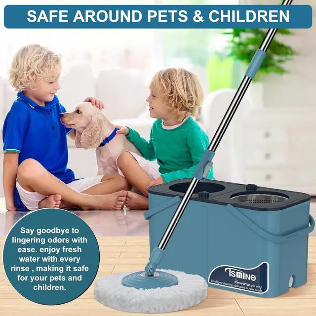 Alt view image 6 of 7 - Mops and Buckets for Floor Cleaning, 360 Spin Mop and Bucket with Separates Dirty and Clean Water,4-Chamber Mop Bucket with Wringer Set for Home with 10 Replacement Mop Heads,4X Wheel