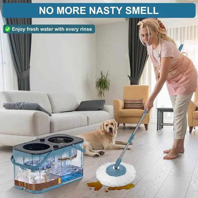 Alt view image 7 of 7 - Spin Mop and Bucket,Mop Bucket with Separates Dirty and Clean Water,4-Chamber Mop and Bucket with Wringer Set for Home, Best Household Cleaning Tools with 6 Replacement Mop Heads,4X Wheel