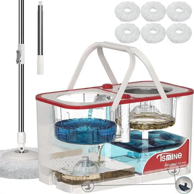 Main image of Spin Mop and Bucket,Mop Bucket with Separates Dirty and Clean Water,4-Chamber Mop and Bucket with Wringer Set for Home,Household Cleaning Tools with 6 Replacement Mop Heads,4X Wheel -White