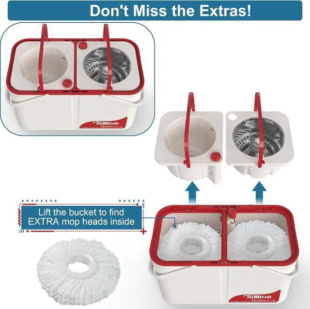 Alt view image 2 of 7 - Spin Mop and Bucket,Mop Bucket with Separates Dirty and Clean Water,4-Chamber Mop and Bucket with Wringer Set for Home,Household Cleaning Tools with 6 Replacement Mop Heads,4X Wheel -White