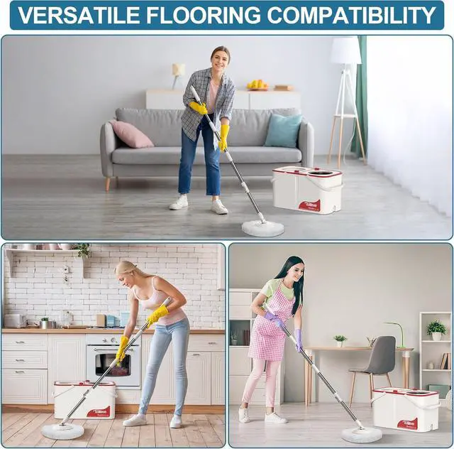 Alt view image 6 of 7 - Spin Mop and Bucket,Mop Bucket with Separates Dirty and Clean Water,4-Chamber Mop and Bucket with Wringer Set for Home,Household Cleaning Tools with 6 Replacement Mop Heads,4X Wheel -White