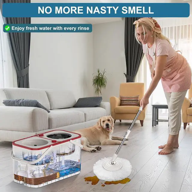 Alt view image 7 of 7 - Spin Mop and Bucket,Mop Bucket with Separates Dirty and Clean Water,4-Chamber Mop and Bucket with Wringer Set for Home,Household Cleaning Tools with 6 Replacement Mop Heads,4X Wheel -White