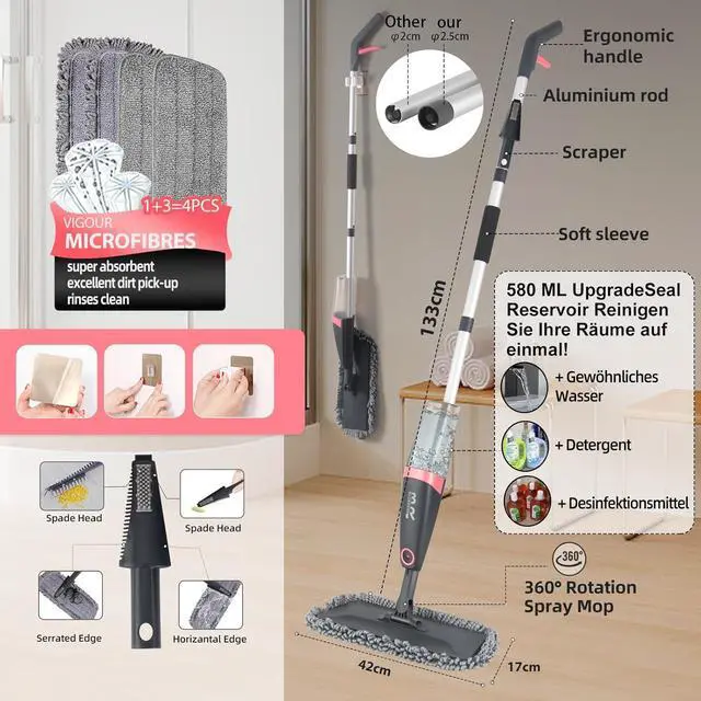 Alt view image 3 of 7 - Microfiber Spray Mop for Floors Dry and Wet Mop with Dusting 360 Rotation for Kitchen, Hardwood, Laminate, Tile Floors Includes 4 Refill Heads, Scraper, Holder & Spray Bottle