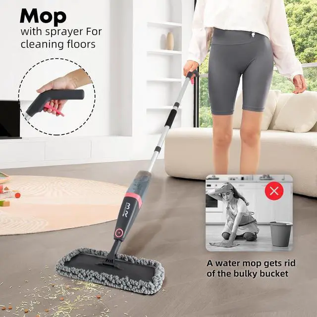 Alt view image 6 of 7 - Microfiber Spray Mop for Floors Dry and Wet Mop with Dusting 360 Rotation for Kitchen, Hardwood, Laminate, Tile Floors Includes 4 Refill Heads, Scraper, Holder & Spray Bottle