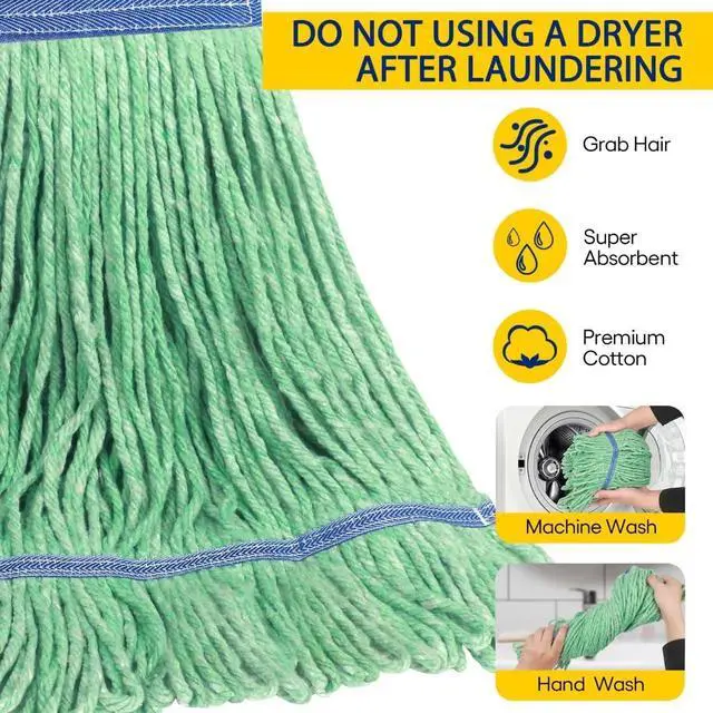 Alt view image 2 of 7 - Matthew Cleaning Heavy Duty Mop Head Commercial Replacement for General and Floor Cleaning, Wet Industrial Blue Cotton Looped End String Head Refill (Pack of 3) Green