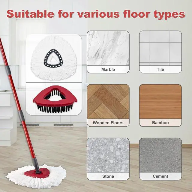 Alt view image 7 of 7 - Mop Replace Head Mop Handle for O Cedar Mop, Mop Replacement for Ocedar Spin Mop Includes 2 Mop Heads Replacements 4-Section Mop Handle 1 Mop Base 1 Scrubber Mop Head for O-Cedar Spin Mop