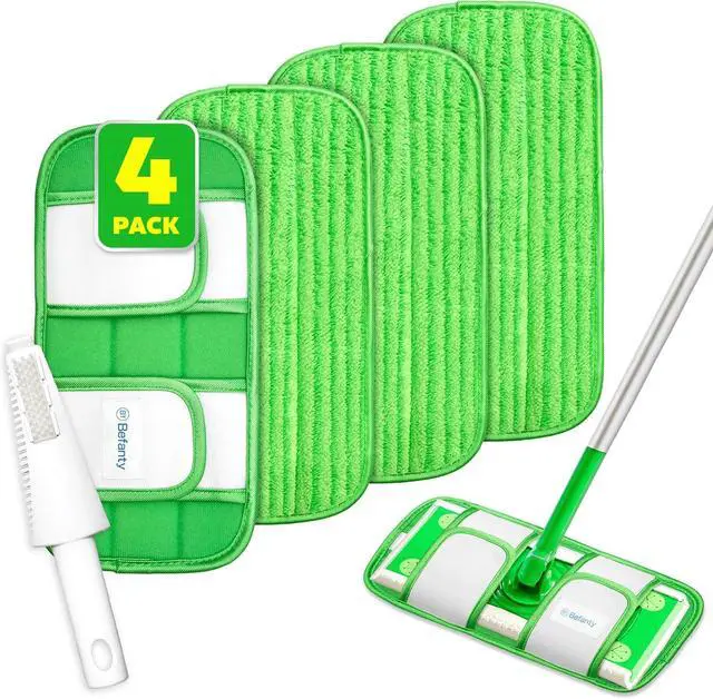 Main image of 4 Pack Reusable Microfiber Mop Pads, Compatible with Swiffer Sweeper, Machine Washable Cloths, Scraper Included, Refills for All Floor Cleaning, Hook and Loop, Wet Dry - 10"- 12"