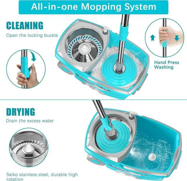 Alt view image 2 of 7 - FunClean Spin Mop and Bucket,Mop and Bucket with Wringer Set for Home,360 Spinning Mopping Floor Cleaning Tool with 6 Microfiber Replacement Head Refills,61" Extended Handle, 2X Wheel - Blue