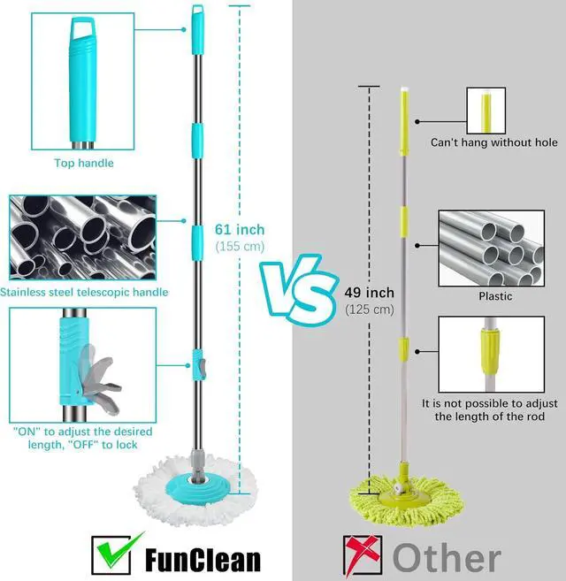 Alt view image 3 of 7 - FunClean Spin Mop and Bucket,Mop and Bucket with Wringer Set for Home,360 Spinning Mopping Floor Cleaning Tool with 6 Microfiber Replacement Head Refills,61" Extended Handle, 2X Wheel - Blue
