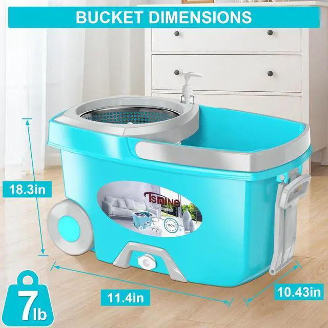 Alt view image 5 of 7 - FunClean Spin Mop and Bucket,Mop and Bucket with Wringer Set for Home,360 Spinning Mopping Floor Cleaning Tool with 6 Microfiber Replacement Head Refills,61" Extended Handle, 2X Wheel - Blue