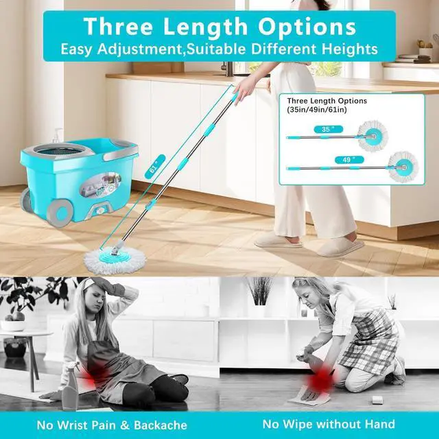 Alt view image 6 of 7 - FunClean Spin Mop and Bucket,Mop and Bucket with Wringer Set for Home,360 Spinning Mopping Floor Cleaning Tool with 6 Microfiber Replacement Head Refills,61" Extended Handle, 2X Wheel - Blue