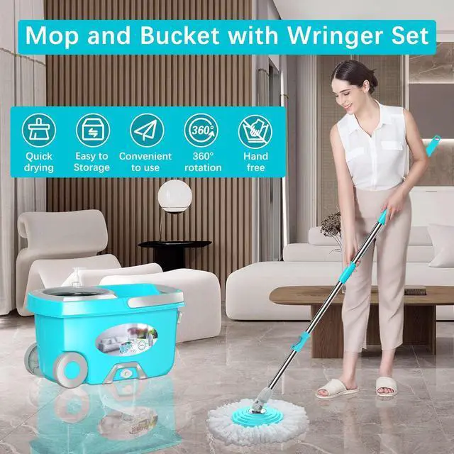 Alt view image 7 of 7 - FunClean Spin Mop and Bucket,Mop and Bucket with Wringer Set for Home,360 Spinning Mopping Floor Cleaning Tool with 6 Microfiber Replacement Head Refills,61" Extended Handle, 2X Wheel - Blue