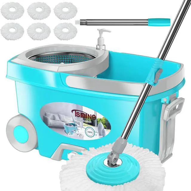 Main image of FunClean Spin Mop and Bucket,Mop and Bucket with Wringer Set for Home,360 Spinning Mopping Floor Cleaning Tool with 6 Microfiber Replacement Head Refills,61" Extended Handle, 2X Wheel - Blue