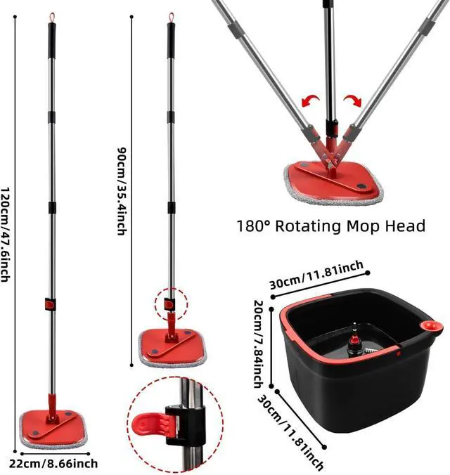 Alt view image 2 of 7 - KZKR Spin Square Mop and Bucket Set with 2 Replaceable Microfiber Pads and Self Separation Dirty and Clean Water System, Self Wringing 360° Rotating Mops Head for Home Floors Cleaning