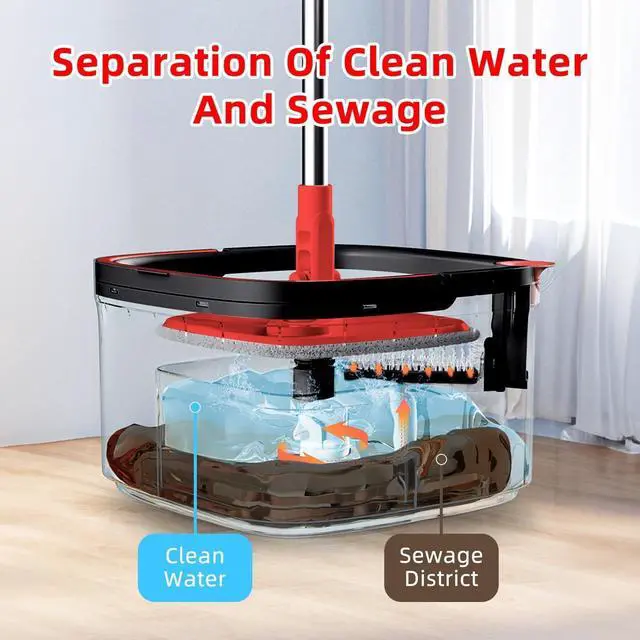 Alt view image 5 of 7 - KZKR Spin Square Mop and Bucket Set with 2 Replaceable Microfiber Pads and Self Separation Dirty and Clean Water System, Self Wringing 360° Rotating Mops Head for Home Floors Cleaning