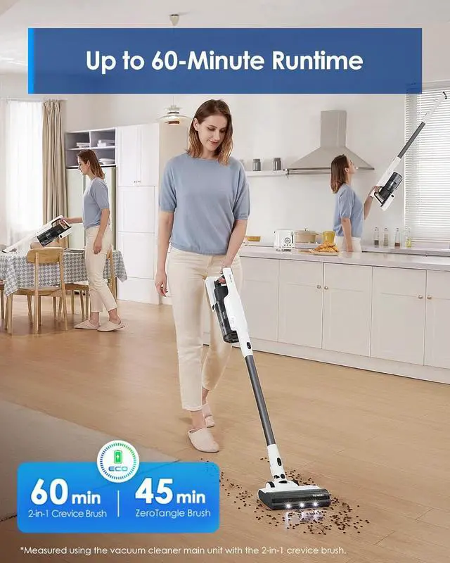 Alt view image 3 of 7 - Tineco A30S Cordless Stick Vacuum Cleaner, 160W Suction, 60Min Runtime, 1L Larger Dustbin, ZeroTangle Brush, PureCyclone Tech, LED Headlight, White