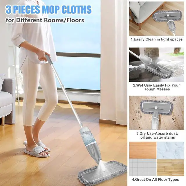 Alt view image 2 of 5 - Microfiber Spray Mops for Floors Cleaning: EXEGO Dust Mop Wet Mop with 3 Washable Resuable Pads -440ML Refillable Bottle and 1 Scraper - Flat Floor Mop for Hardwood Laminate Ceramic Tiles Vinyl Woood