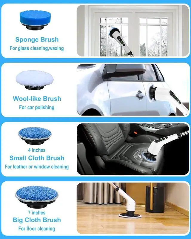 Alt view image 6 of 7 - Leebein Electric Spin Scrubber, Cordless Cleaning Brush with 8 Replaceable Brush Heads, Tub and Floor Tile 360 Power Scrubber Dual Speed with Adjustable & Detachable Handle for Bathroom Kitchen Car