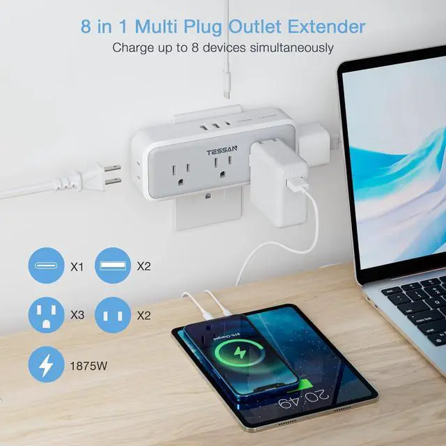 Alt view image 2 of 6 - Multi Plug Outlet Extender, USB C Wall Charger, TESSAN Wall Plug Splitter with 5 Outlets and 3 USB, Electrical Power Expander with Surge Protector Spaced for Home Office Dorm Room