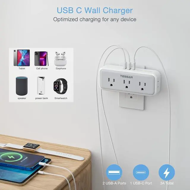 Alt view image 3 of 6 - Multi Plug Outlet Extender, USB C Wall Charger, TESSAN Wall Plug Splitter with 5 Outlets and 3 USB, Electrical Power Expander with Surge Protector Spaced for Home Office Dorm Room