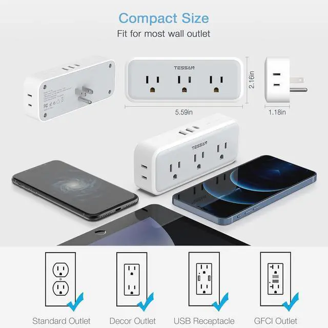 Alt view image 5 of 6 - Multi Plug Outlet Extender, USB C Wall Charger, TESSAN Wall Plug Splitter with 5 Outlets and 3 USB, Electrical Power Expander with Surge Protector Spaced for Home Office Dorm Room