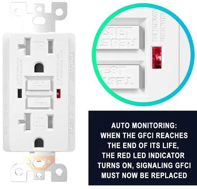 Alt view image 5 of 7 - 10 Pack GFCI Outlet 20 Amp, GFI Outlet with LED Indicator, TR Tamper Resistant GFCI White Outlet Receptacle, 20 Amp GFCI Self Test Safety Outlet with Wall Plate & Screws, UL Listed
