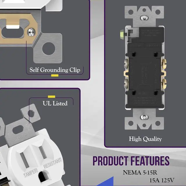 Alt view image 2 of 7 - ENERLITES 20 Pack Duplex Receptacle Outlet, Tamper-Resistant Electrical Wall Outlets, Residential Grade, 3-Wire, Self-Grounding, 2-Pole,15A 125V, UL Listed, 61580-TR-W-20PCS, White