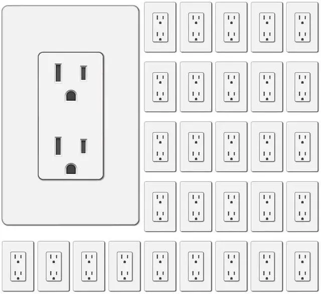 Main image of BESTTEN 30 Pack 15 Amp Decorator Receptacle Outlet, Standard Electrical Wall Outlet, Decor Screwless Wallplate Included, 15A/125V/1875W, Residential and Commercial Use, UL Listed, White