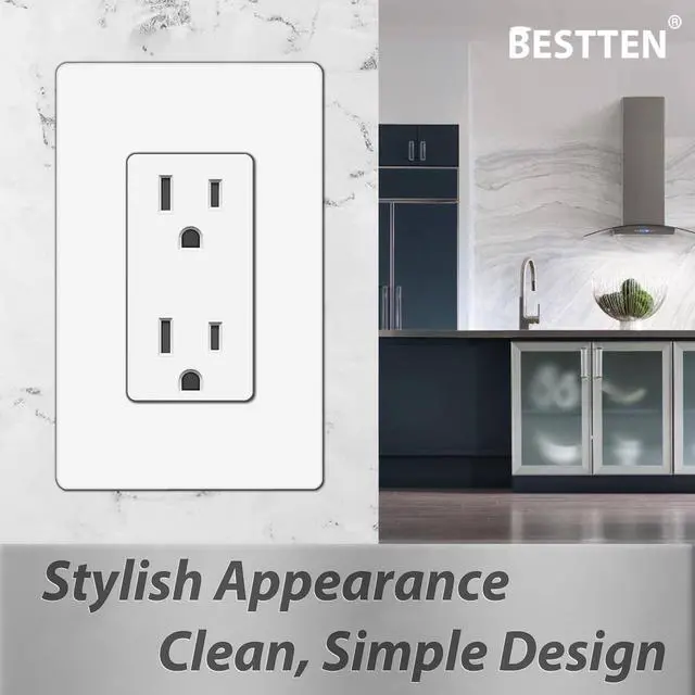 Alt view image 4 of 7 - BESTTEN 30 Pack 15 Amp Decorator Receptacle Outlet, Standard Electrical Wall Outlet, Decor Screwless Wallplate Included, 15A/125V/1875W, Residential and Commercial Use, UL Listed, White