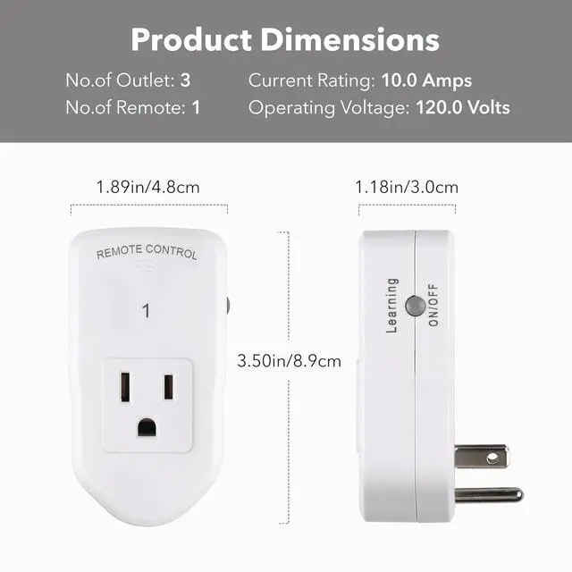 Alt view image 6 of 7 - BN-LINK Wireless Remote Control Electrical Outlet Switch for Lights, Fans, Christmas Lights, Small Appliance, Long Range White (Learning Code, 3Rx-1Tx) 1200W/10A