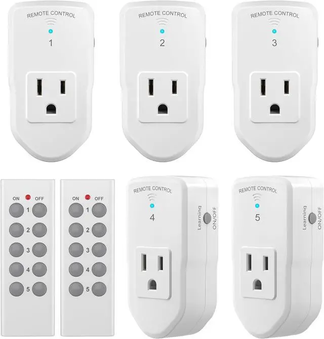 Main image of BN-LINK Wireless Remote Control Electrical Outlet Switch for Lights, Fans, Christmas Lights, Small Appliance, Long Range White (Learning Code, 5Rx-2Tx) 1200W/10A