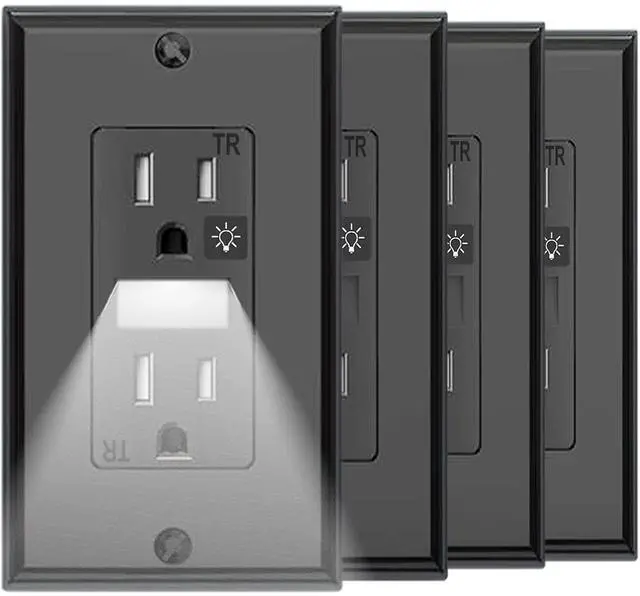 Main image of SOZULAMP Black Wall Outlet with Night Light,Electrical Tamper Resistant Receptacle,15 Amp 125Volt,Receptacle Built-in Nightlight, Receptacle Outlet with Wallplate(4Pack,Glossy Black)