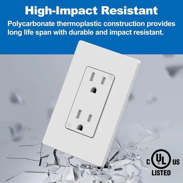 Alt view image 3 of 7 - BESTTEN 30 Pack 15 Amp Decorator Wall Outlet, 15A Standard Electrical TR (Tamper Resistant) Receptacle, Screwless Wall Plate Included, Commercial and Residential Use, UL Listed, White