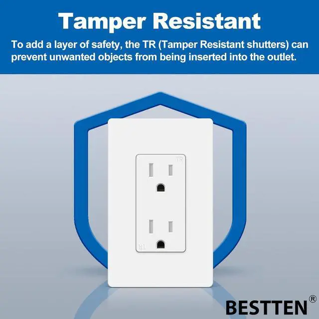 Alt view image 4 of 7 - BESTTEN 30 Pack 15 Amp Decorator Wall Outlet, 15A Standard Electrical TR (Tamper Resistant) Receptacle, Screwless Wall Plate Included, Commercial and Residential Use, UL Listed, White